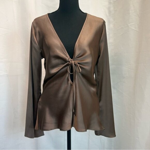 ZARA WOMAN CHOCOLATE BROWN SATIN BLOUSE SHIRT PEEP HOLE TIE BOW FLARE SLEEVE L - Picture 6 of 16